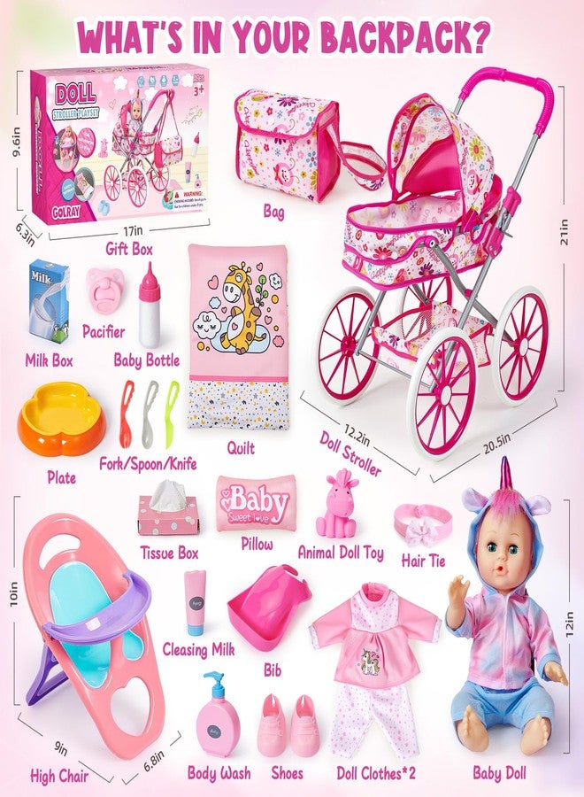 Golray 12 in Baby Doll Toys Set with Stroller for 3 4 5 6 Year Old Girl - 26pcs Babydoll with Accessories Quilt Pillow/Highchair/2 Clothes, Feeding Nursing Pretend Play Toddler Girl Toy Gift 3-5-7 - Image 2